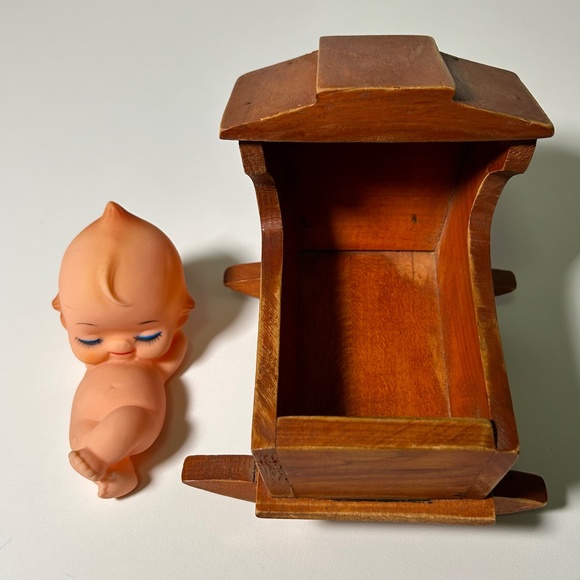 Vintage Reclining Kewpie Doll with Vintage Handmade Wood Rocking Crib - Picture 2 of 7